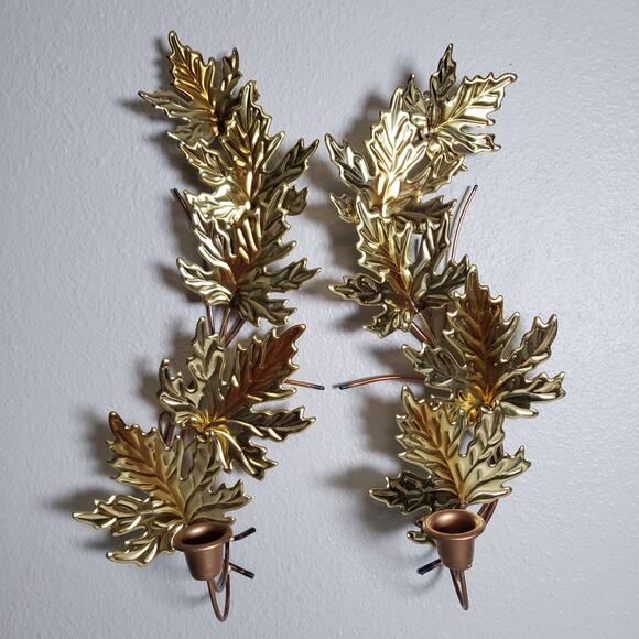 Vintage MCM Gold Metal Candle Holder Wall Scones Leaf Fall Wall Hanging Set Of 2 - Picture 4 of 12